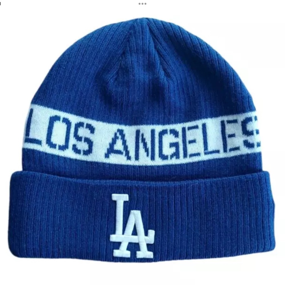 Los Angeles Dodgers Hat Roll Cuff Knit Cap Pom Stripe Logo World Series Fanatics